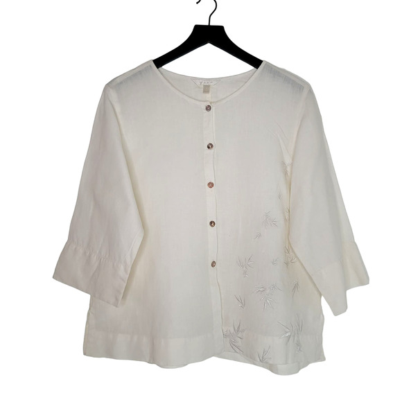 Kleen Linen Tunic Top S Cream Button Up Lagenlook Collarless Embroidery Minimal - Picture 1 of 8